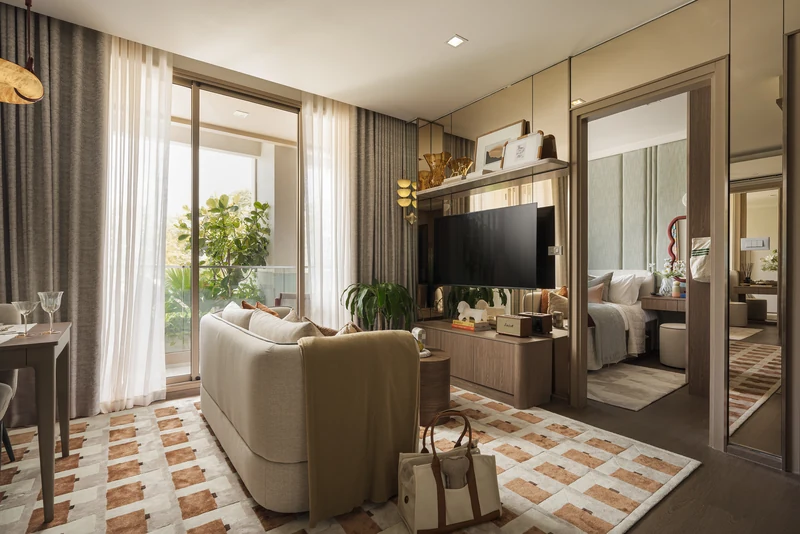 CANVAZ Palette Cherngtalay — show unit living room with the balcony doors open
